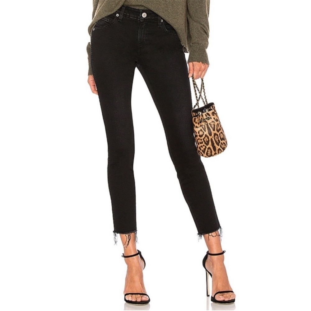 AMO Stix Crop Mid-Rise Skinny Jeans in Black Magic Denim Raw Fray Hem Size 27